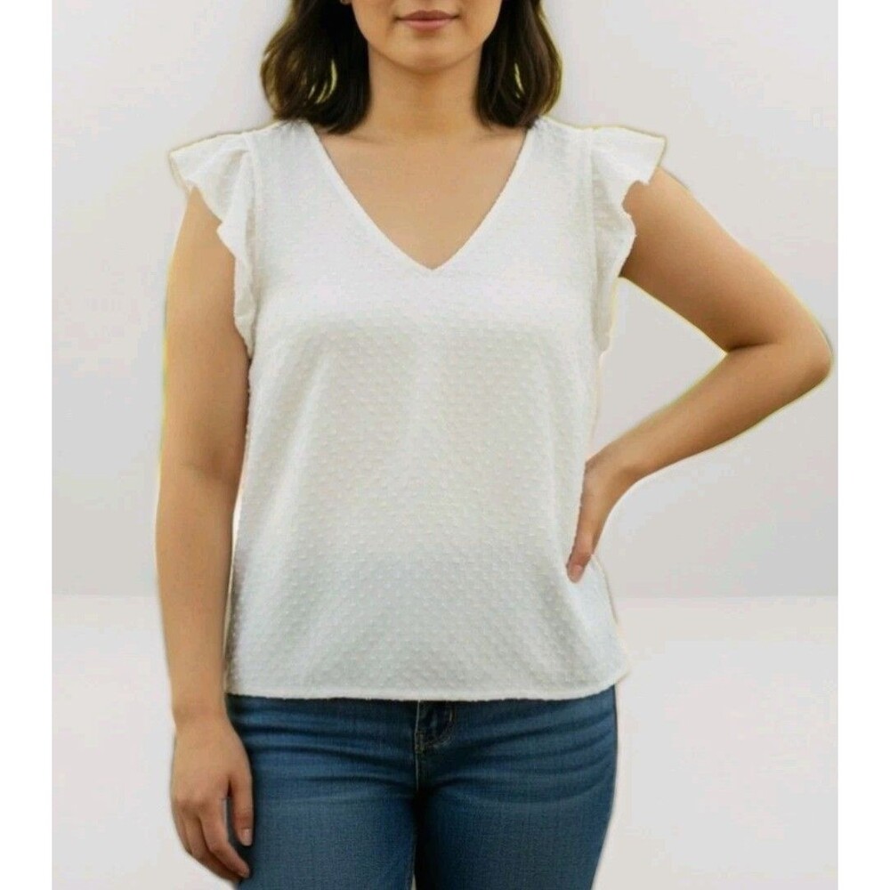 J.Crew Womens XL Ivory Swiss Dot Flutter Sleeve V Neck Top Cream Textured Blouse